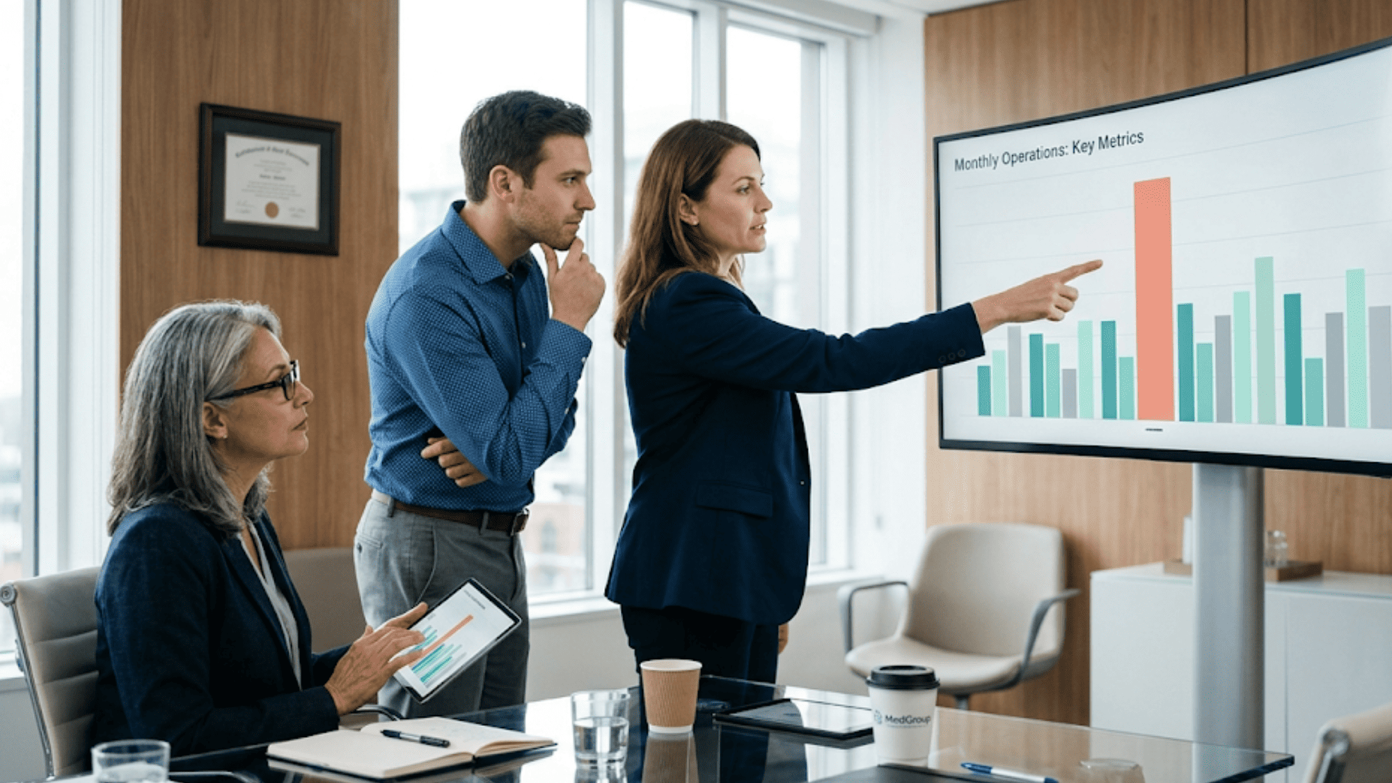 Three medical group administrators reviewing a grouped bar chart