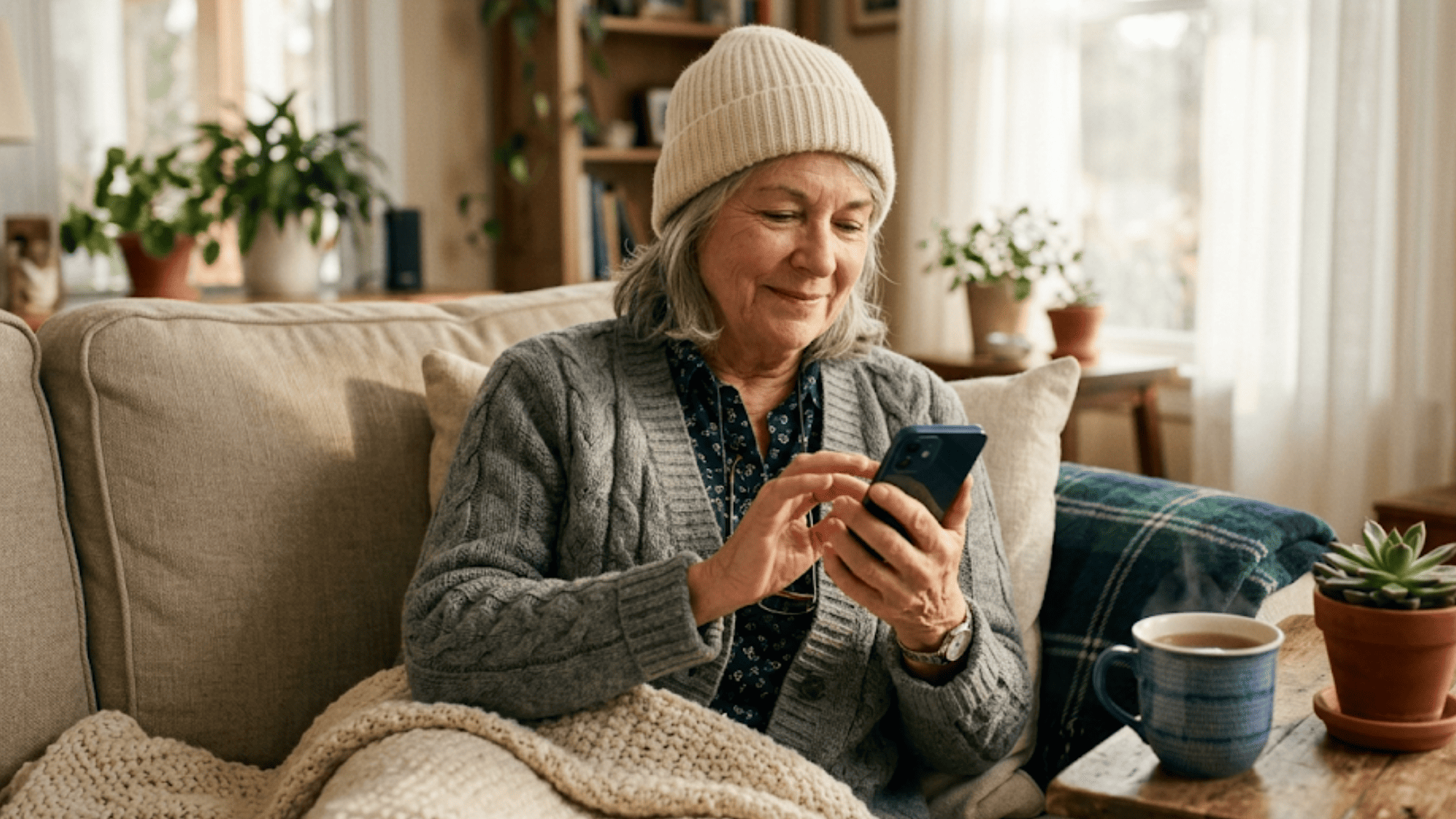 Senior chemotherapy patient using text-to-pay link from couch in afternoon light