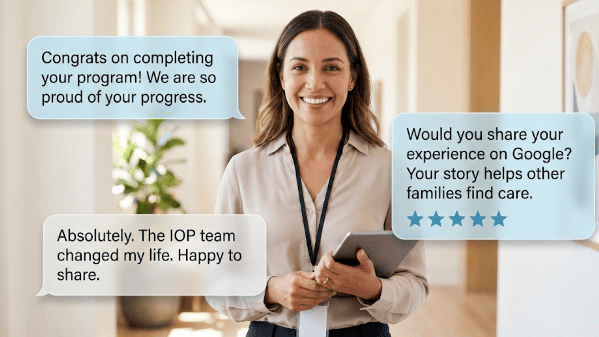 Rehab facility staff member with SMS bubbles showing Curogram automated Google review request after discharge