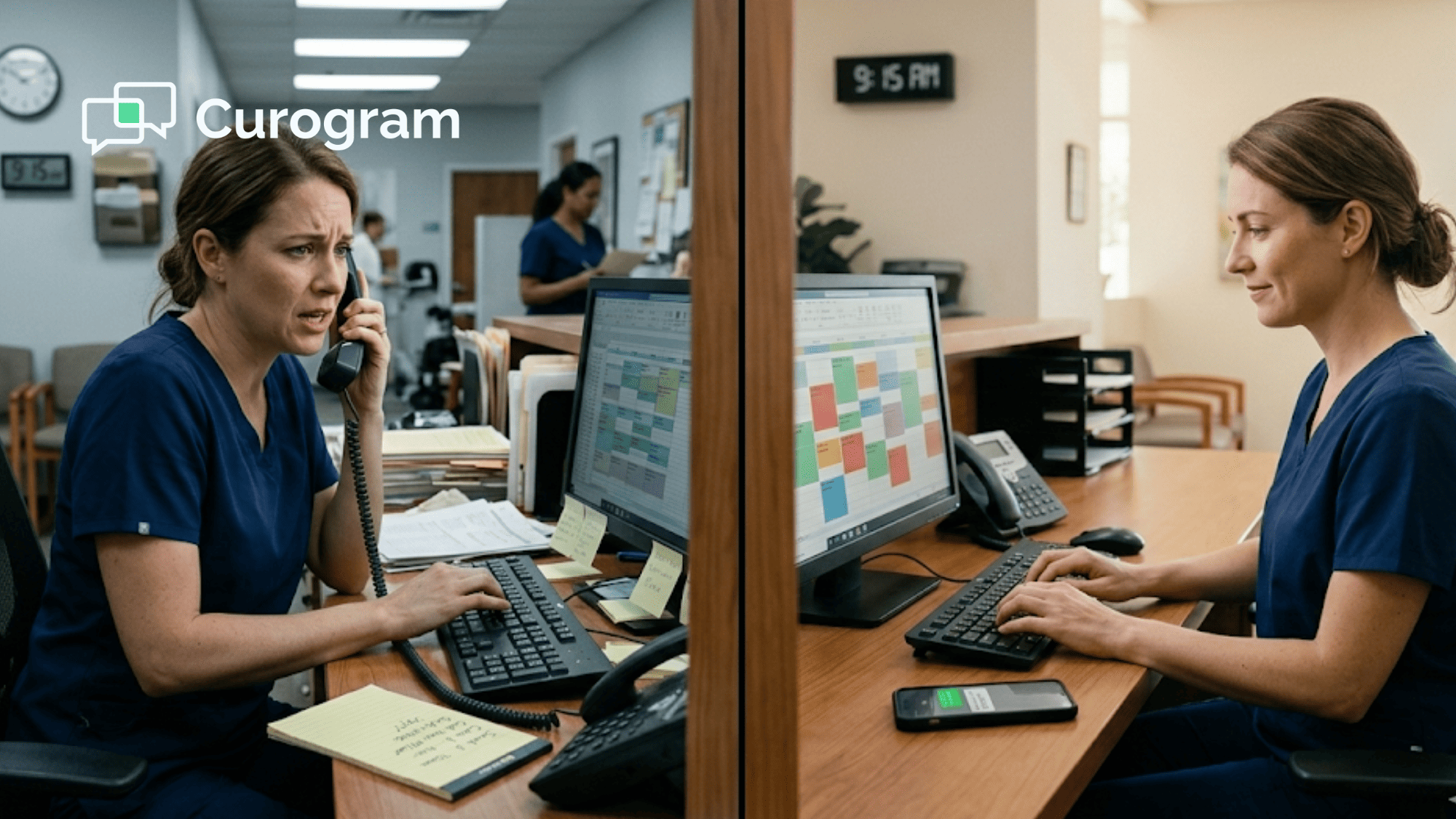 Side by side comparison of a front desk team using phone calls versus SMS automation to fill cancelled appointment slots