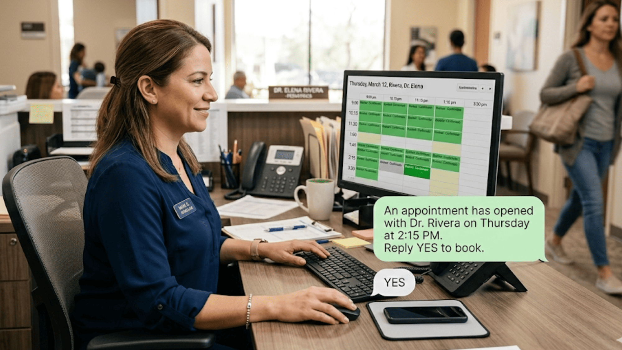 Photo of a healthcare scheduler reviewing a complete schedule while an automated text message fills a cancelled slot
