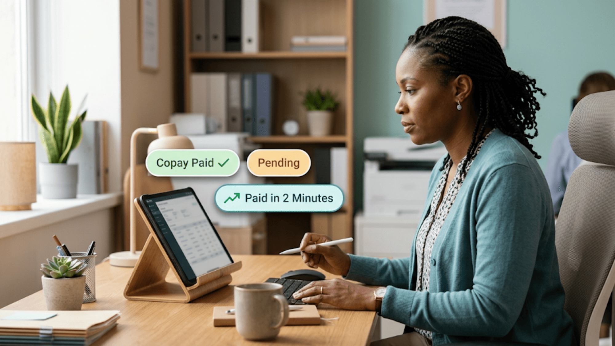 Billing staff tracking text-to-pay payment status on a clinic tablet dashboard