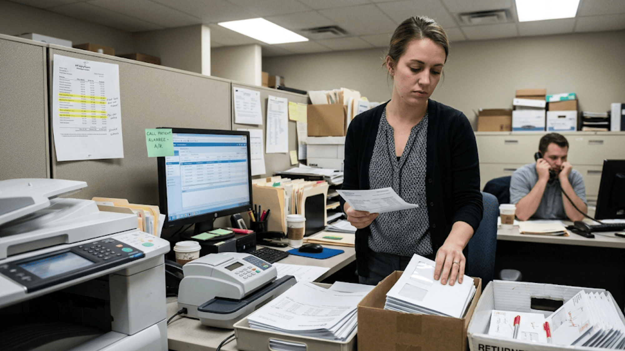 Billing staff member stuffing paper patient statements into envelopes at a cluttered workstation with a postage meter and A/R aging report on the wall