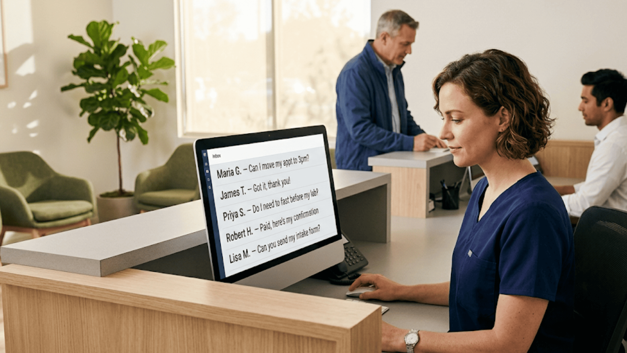 Front desk staff member viewing a unified patient text inbox on a desktop screen with organized message threads at a medical office