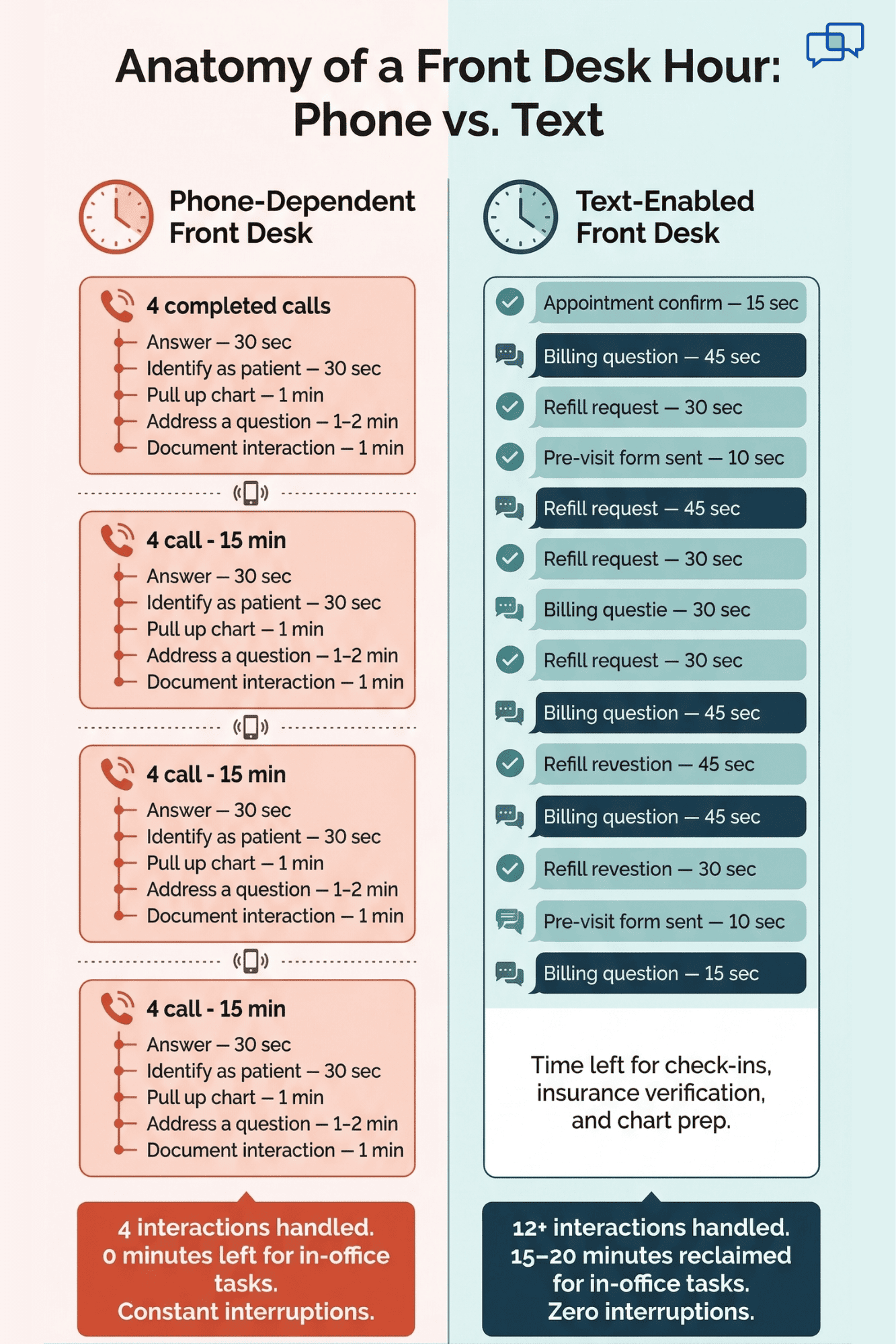 Phone calls versus text messaging infographic for medical front desk staff showing time per task and total interactions handled per hour