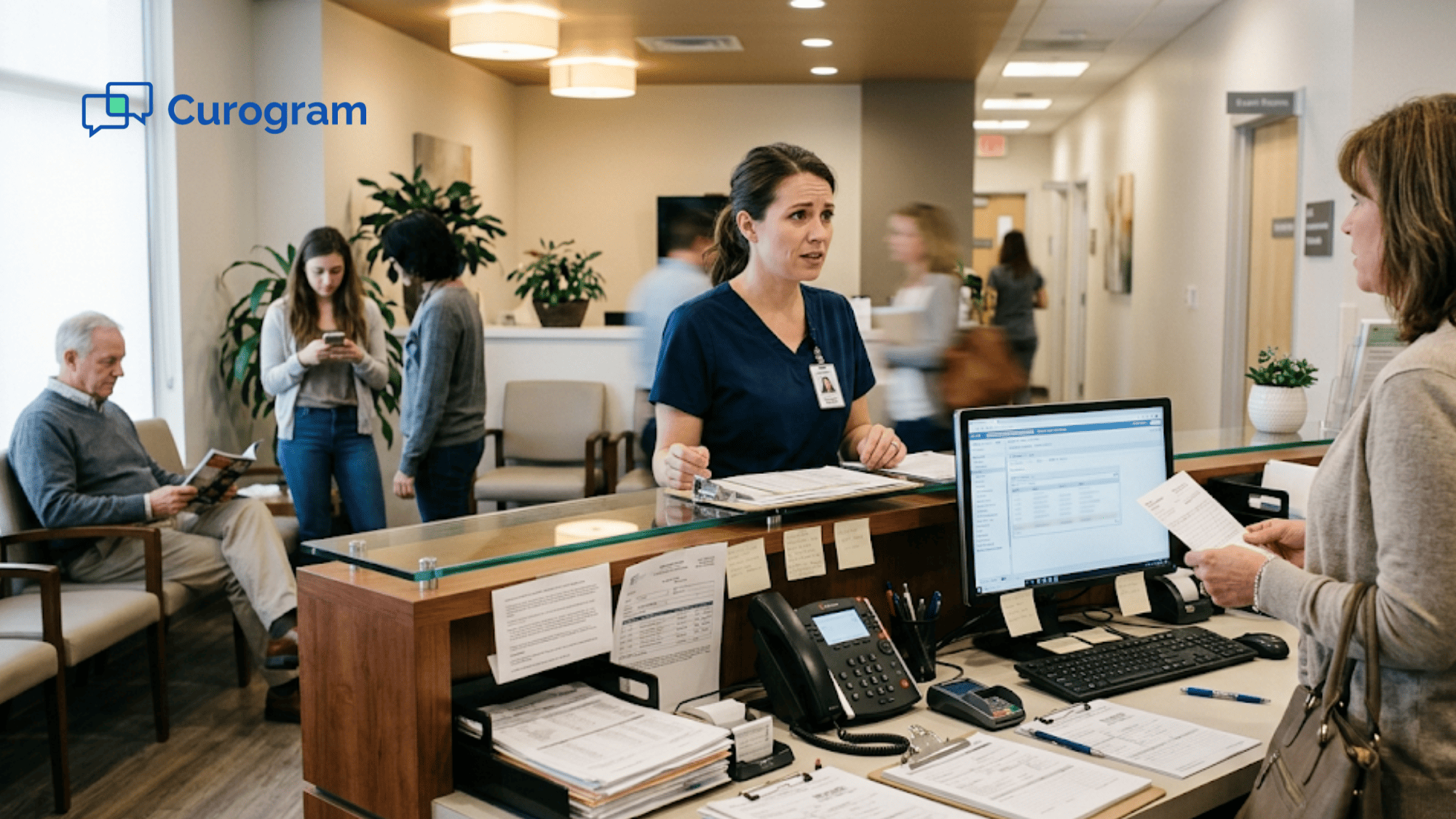 Busy medical practice front desk staff helping a patient while phones ring and other patients wait in the lobby