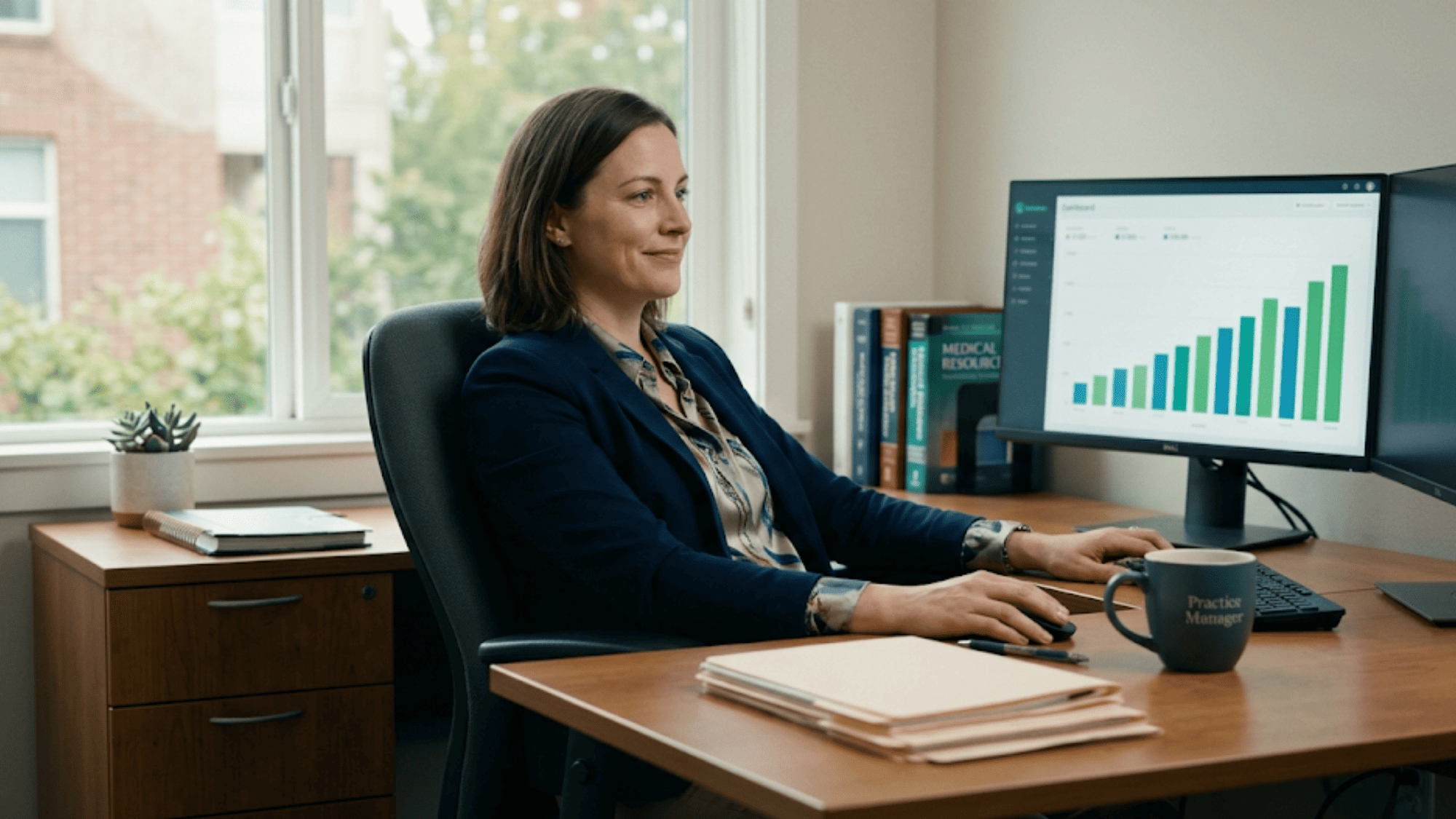Relaxed office manager reviewing an upward-trending review growth dashboard on her computer at a medical practice