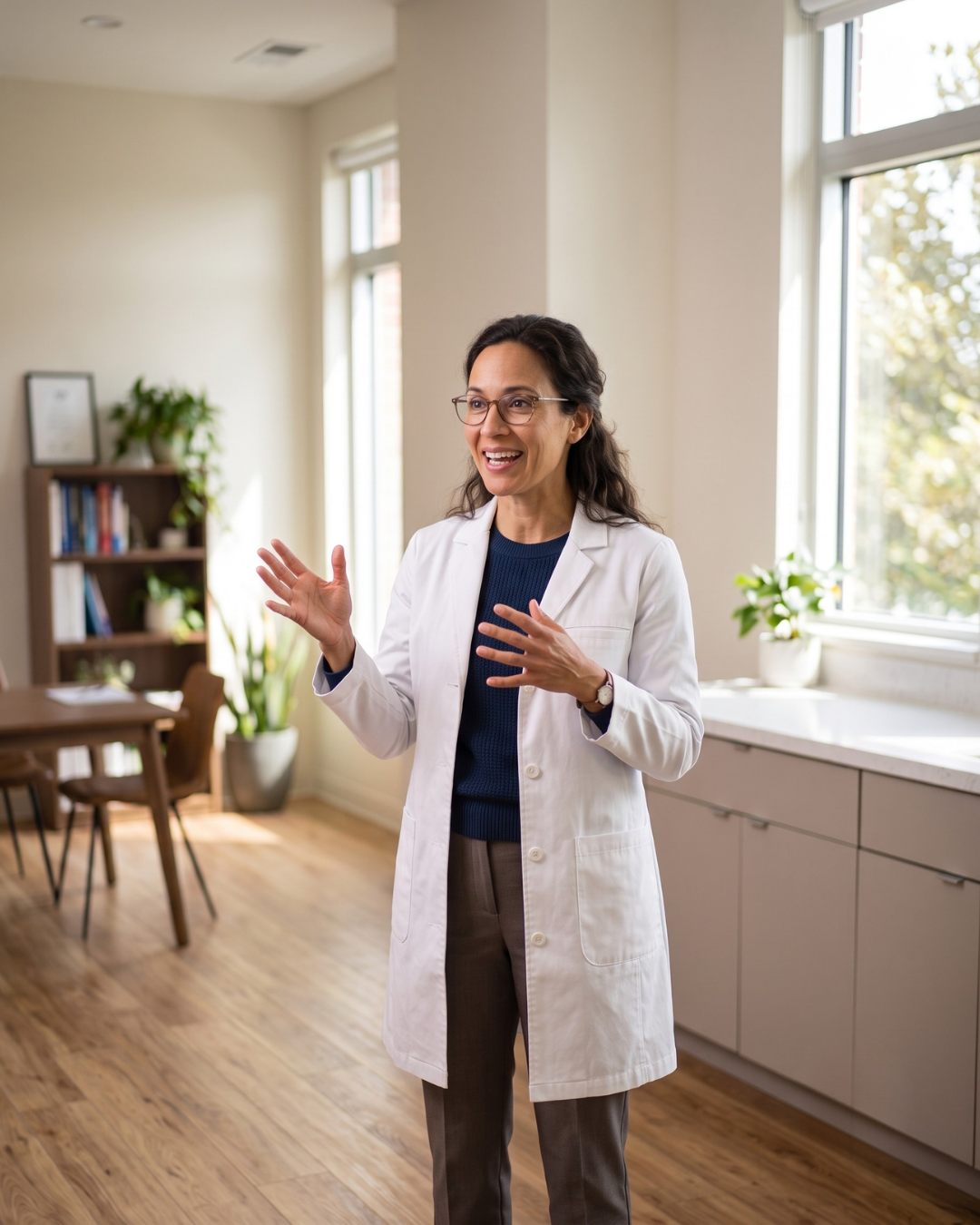 Doctor speaking during a telehealth visit in a sunlit consultation room