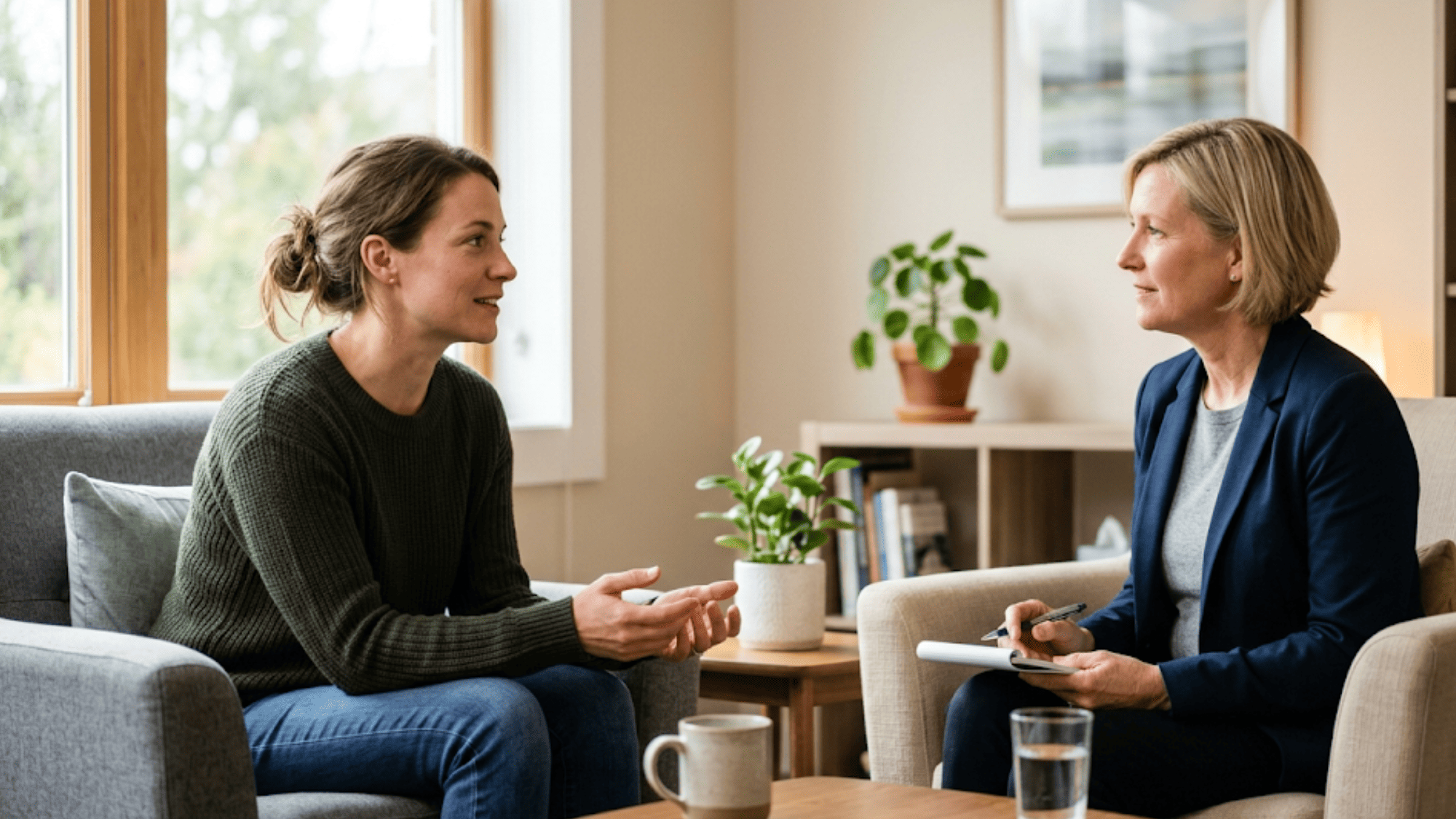 Behavioral health client and therapist in a candid session