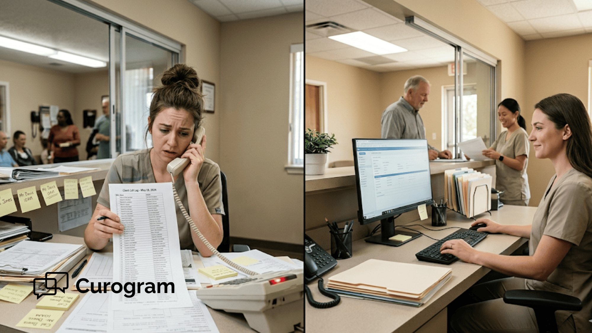 Front desk staff overwhelmed by phone calls versus calm admin using Curogram mass texting on computer