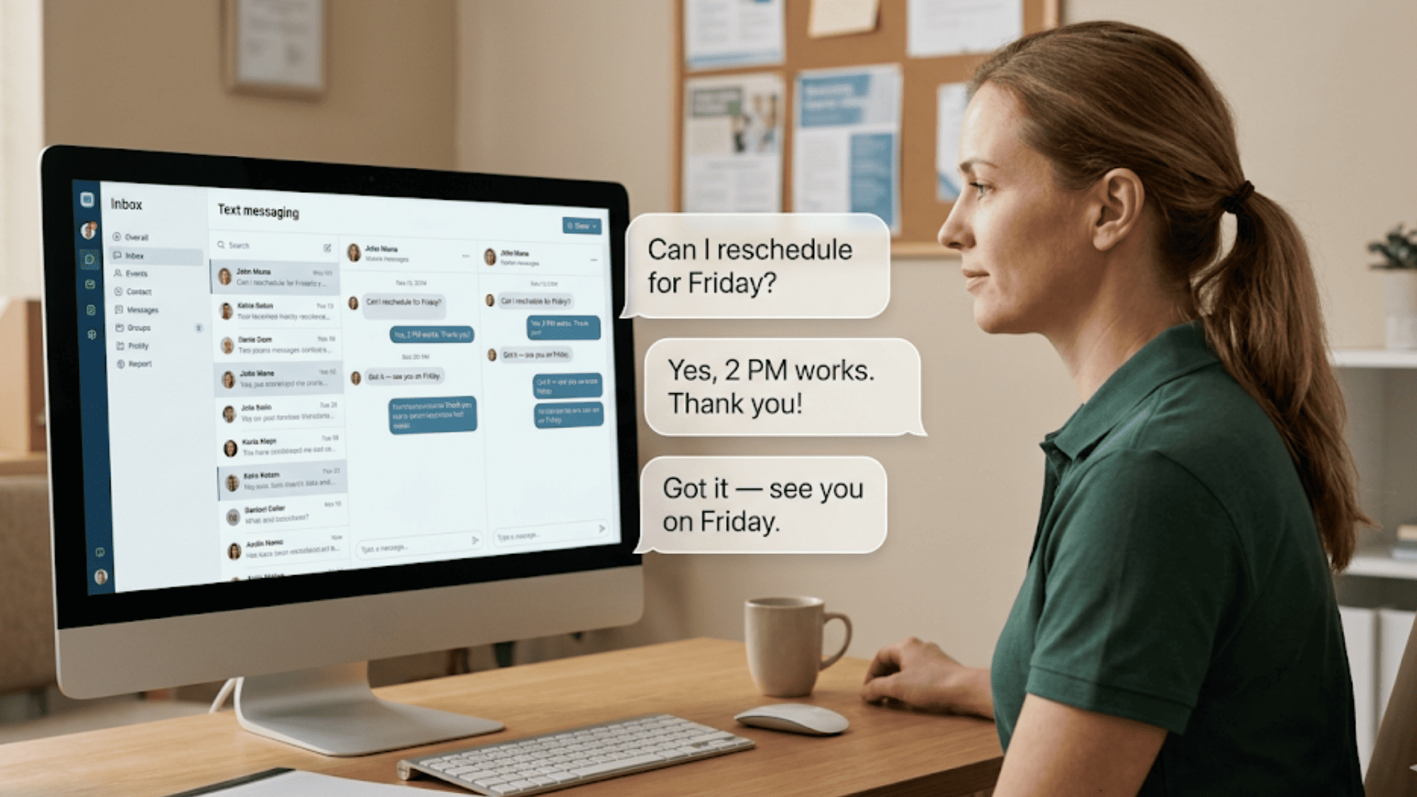 Front desk admin managing multiple client rescheduling texts on screen