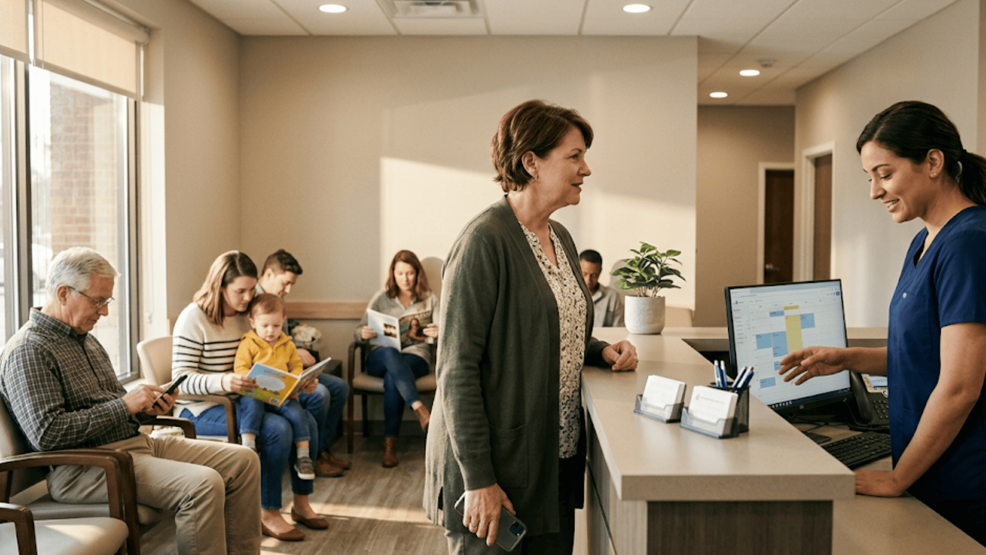 A woman stands at a clinic front desk while other patients wait in a full reception area