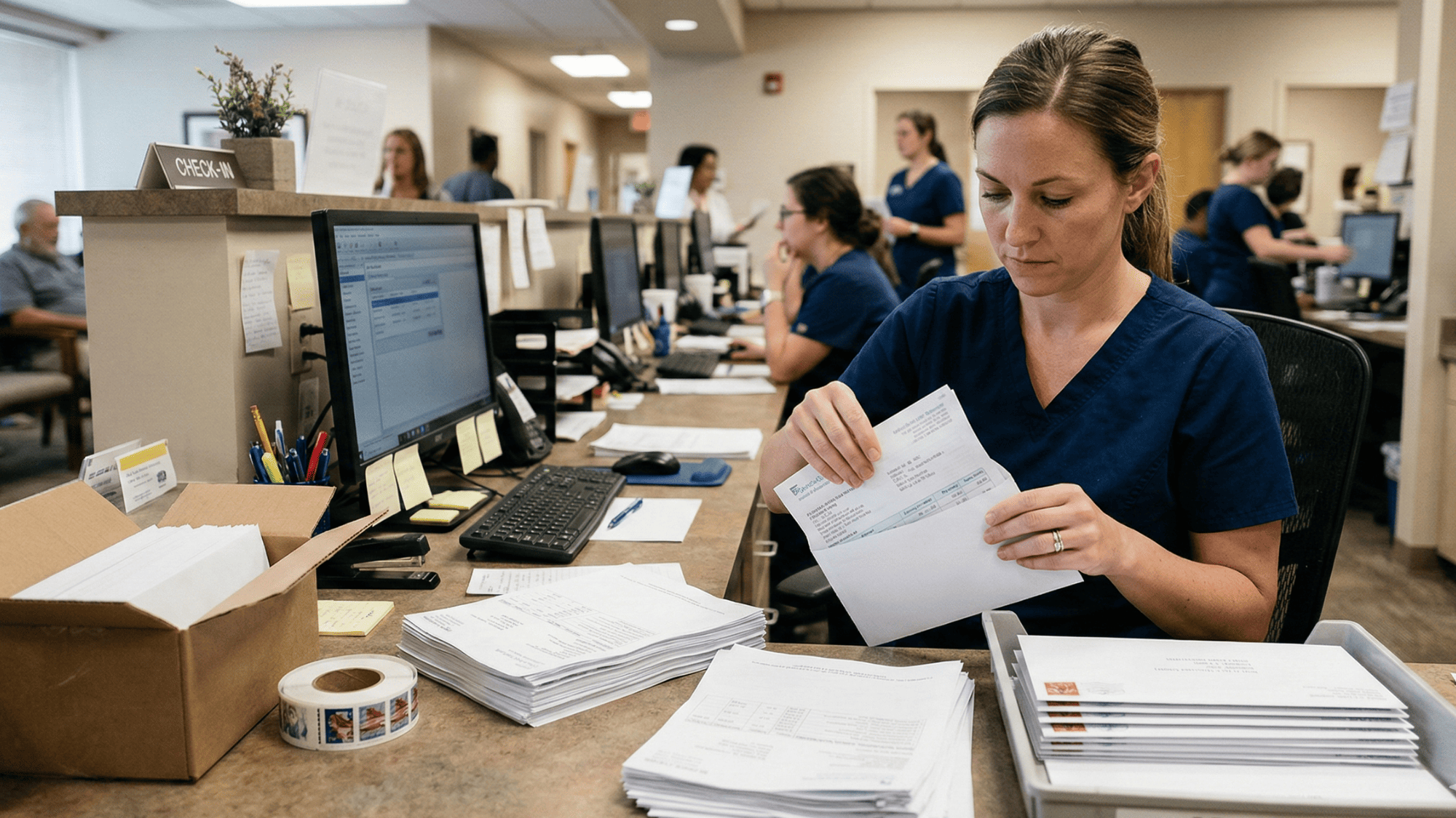 Medical office staff member folding paper patient statements into envelopes at a front desk