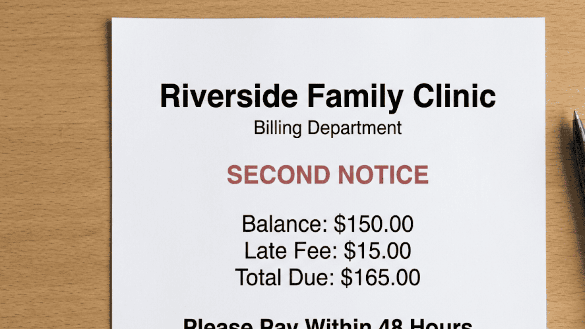 Formal past-due medical billing letter showing a balance, added late fee, and firm final payment deadline
