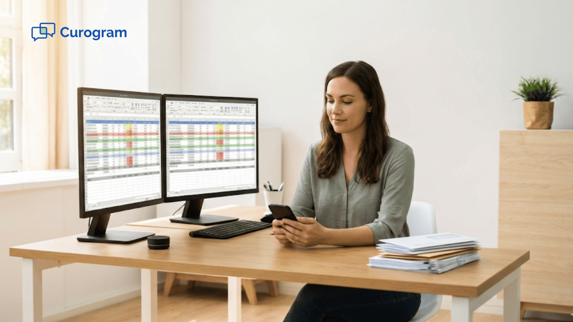 Behavioral health billing staff member reviewing patient payment data on dual monitors