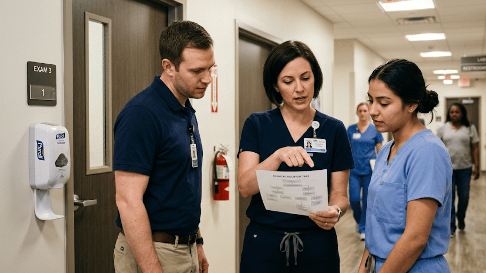 Nursing supervisor training front desk staff on a one-page video triage decision tree in a clinic hallway