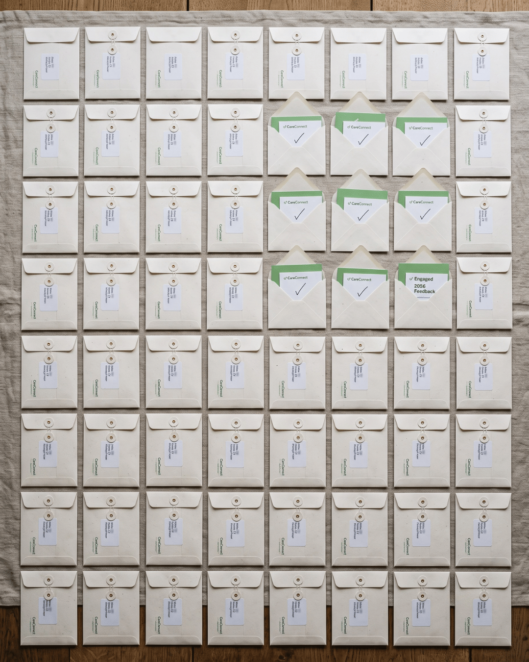 Grid of envelopes, some opened, showing survey response rate versus total reach