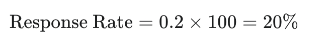 Final response rate calculation showing 0.2 times 100 equals 20%