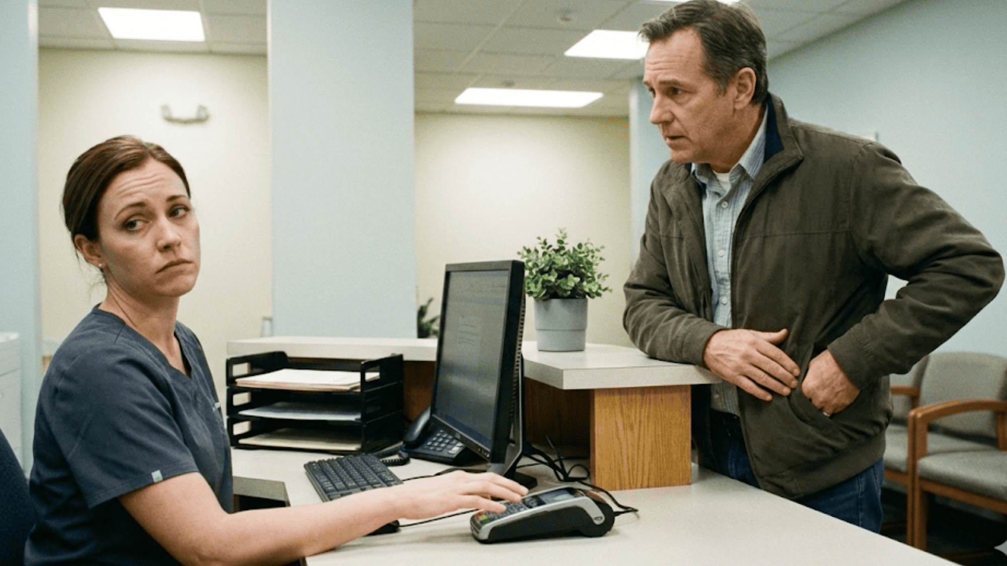 Patient patting pockets unable to pay co-pay at medical office front desk