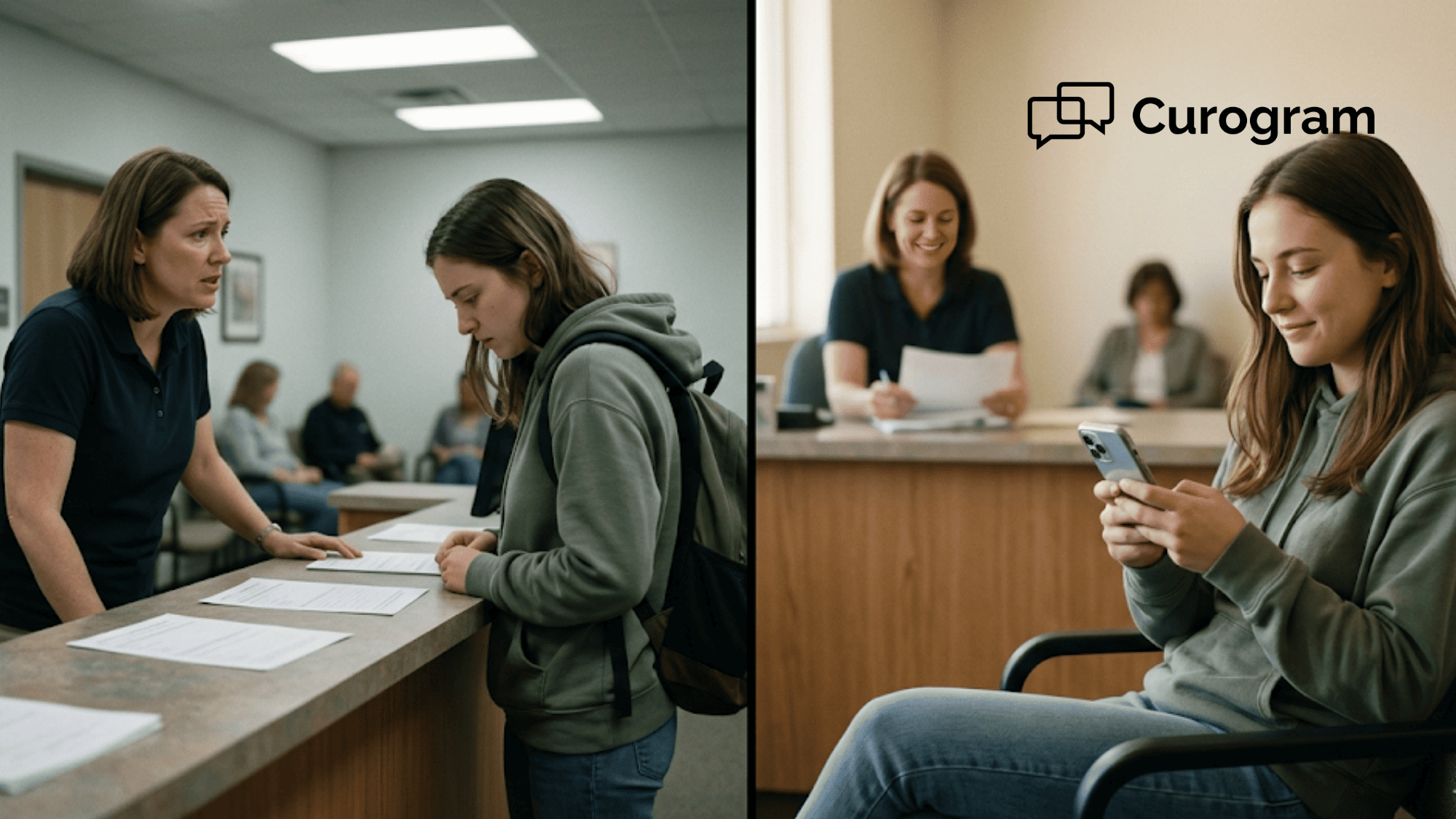 Before and after scene at a behavioral health clinic comparing awkward lobby collections with private mobile payment