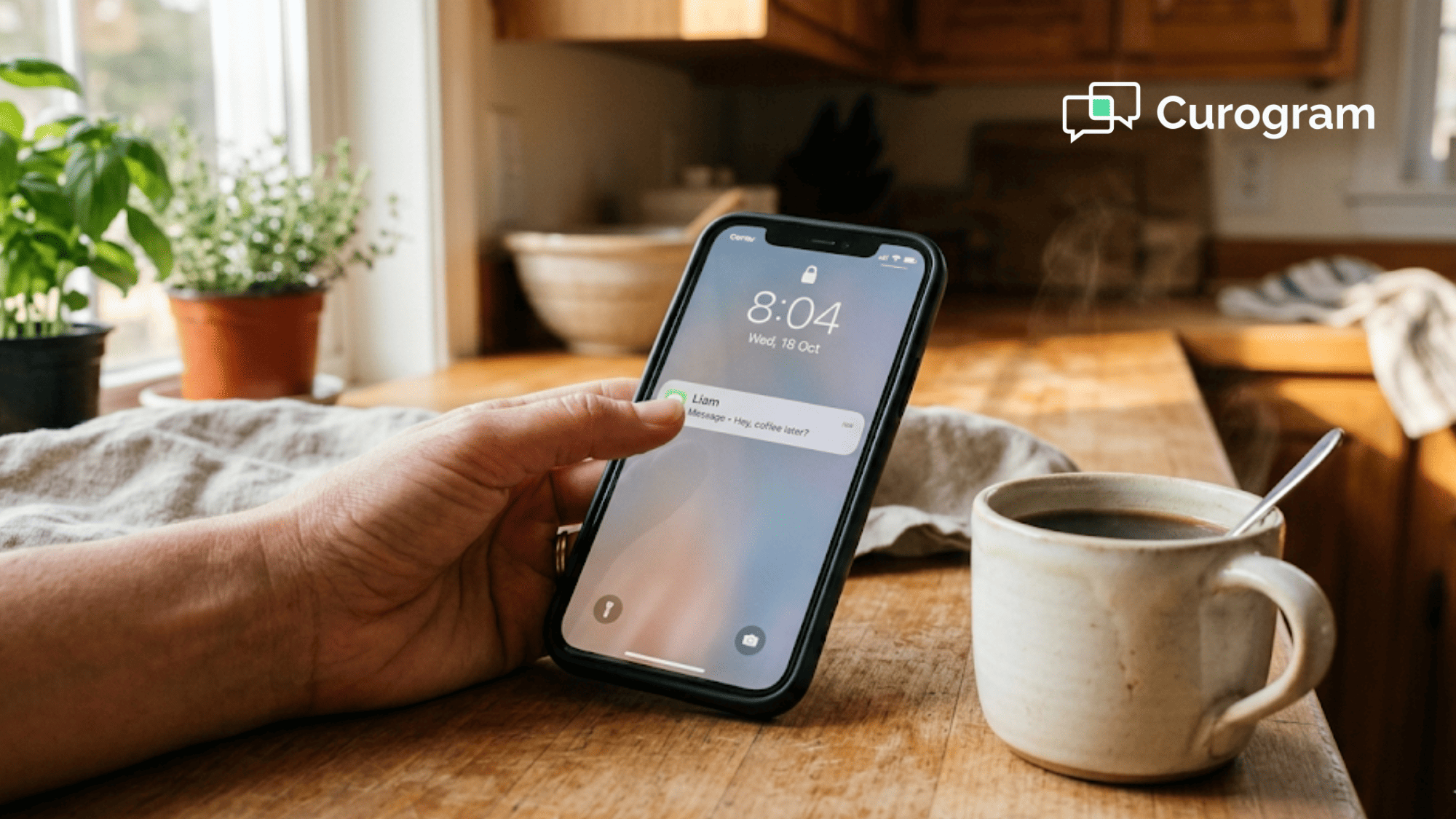 Hand reaching for phone with DrChrono appointment text reminder beside coffee mug