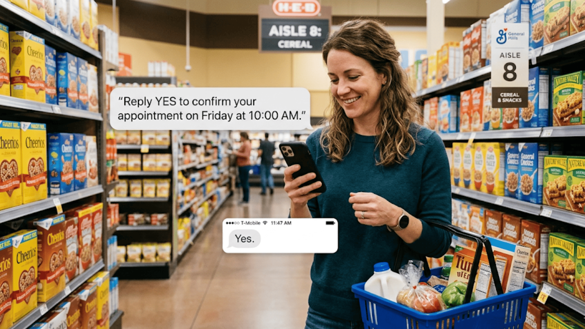 Patient confirming DrChrono appointment by replying YES to text reminder while shopping
