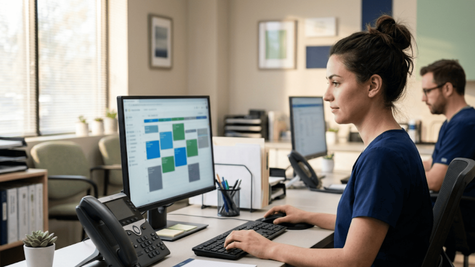Practice staff member reviewing a scheduling calendar at a workstation with the desk phone at rest