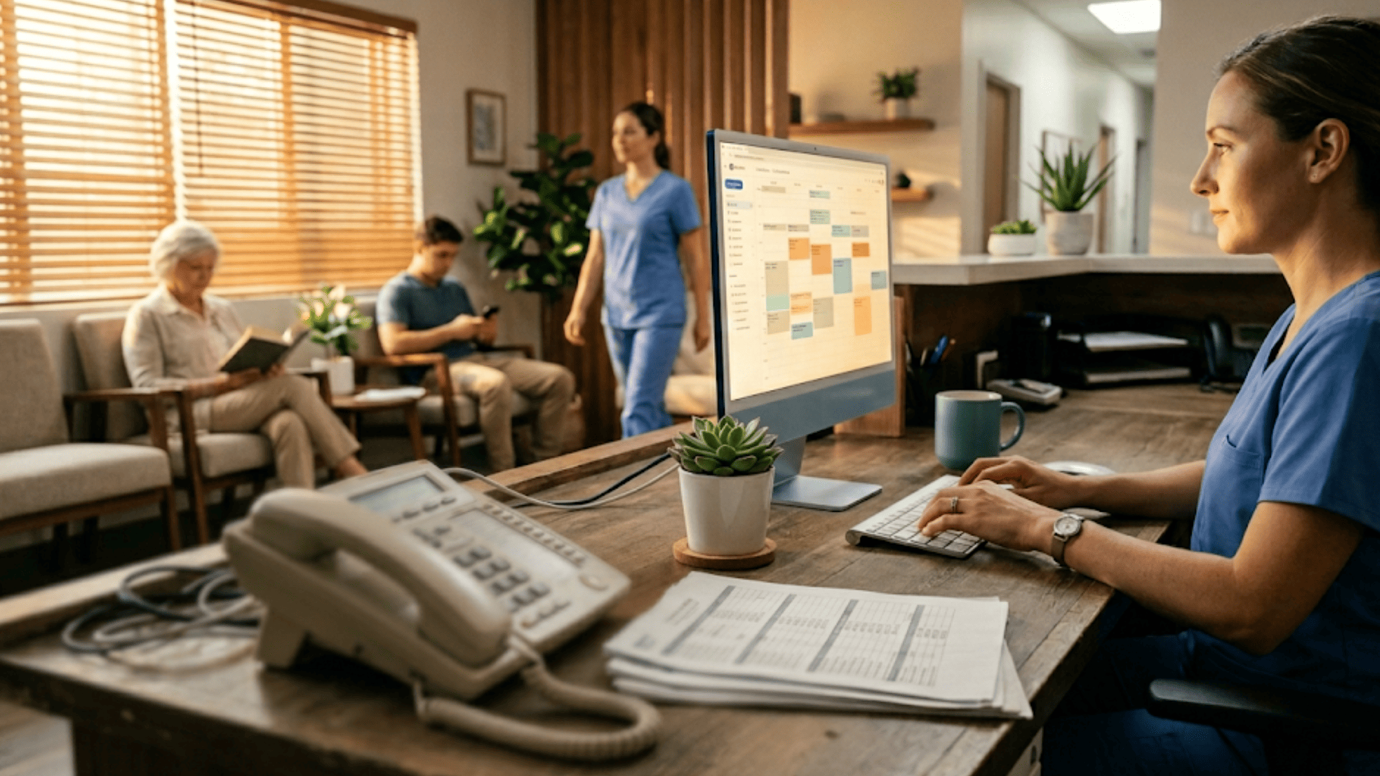 Calm morning at a medical practice front desk with desk phone pushed aside and staff working at computer
