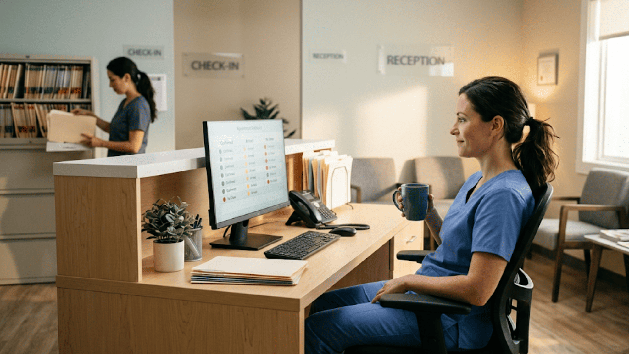 Relaxed medical office employee checking confirmed appointments on monitor during a quiet morning