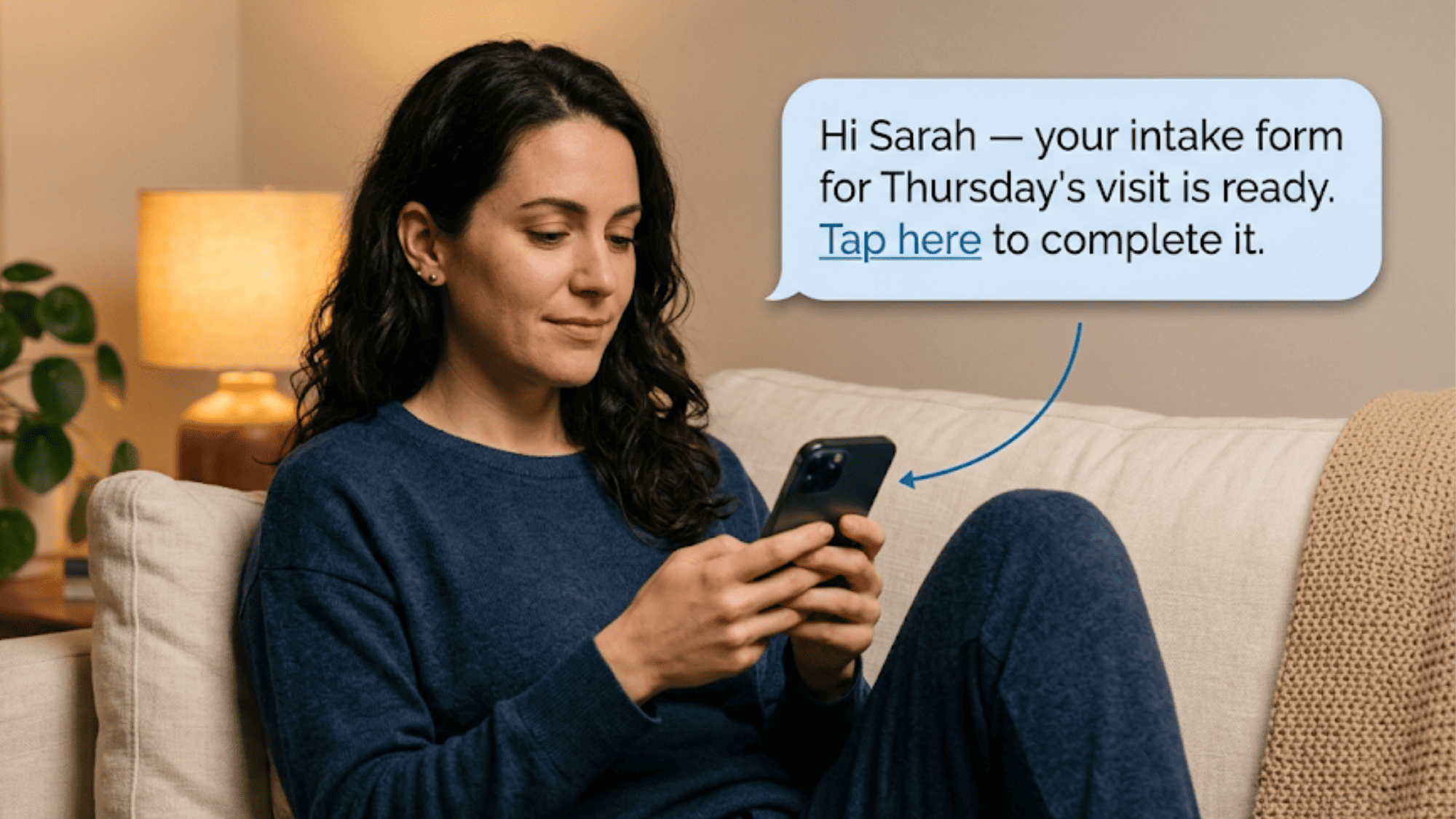 Woman filling out a text-based intake form on her smartphone