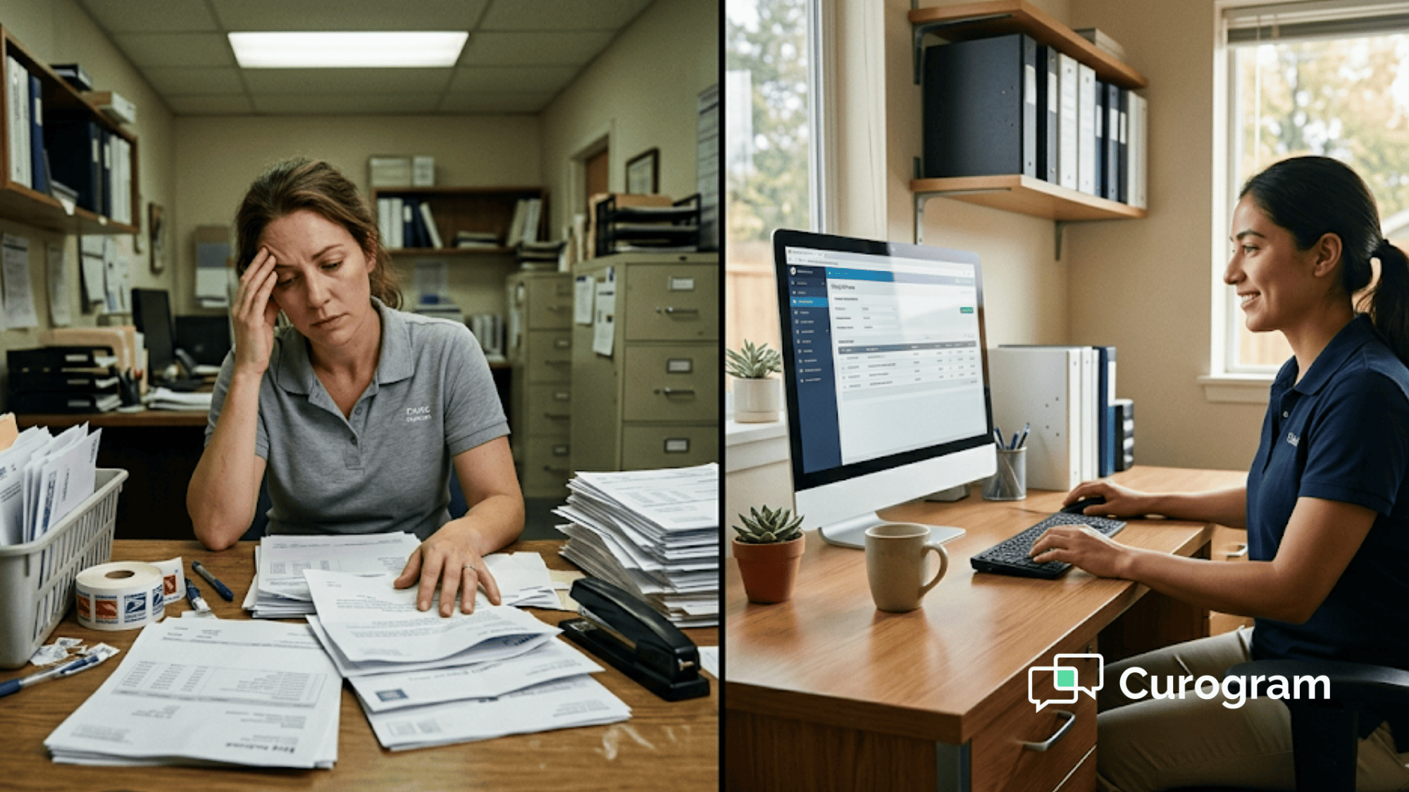 Before and after scene showing paper statement chaos versus streamlined digital billing at a community clinic