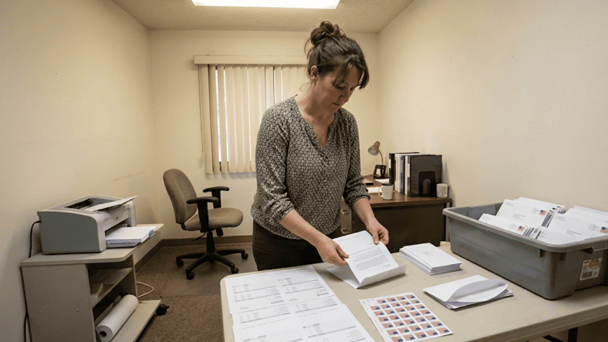 Billing staff member folding and stuffing paper invoices into envelopes at a non-profit clinic office