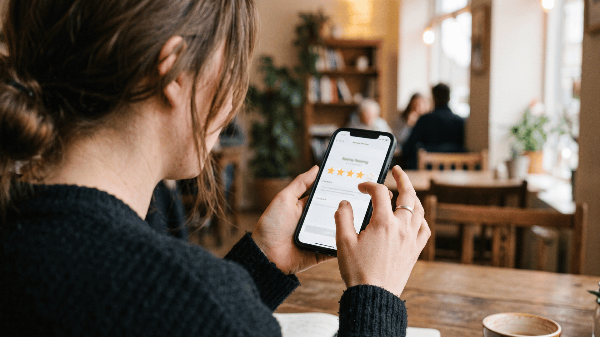 Customer viewing five-star Google reviews on a smartphone