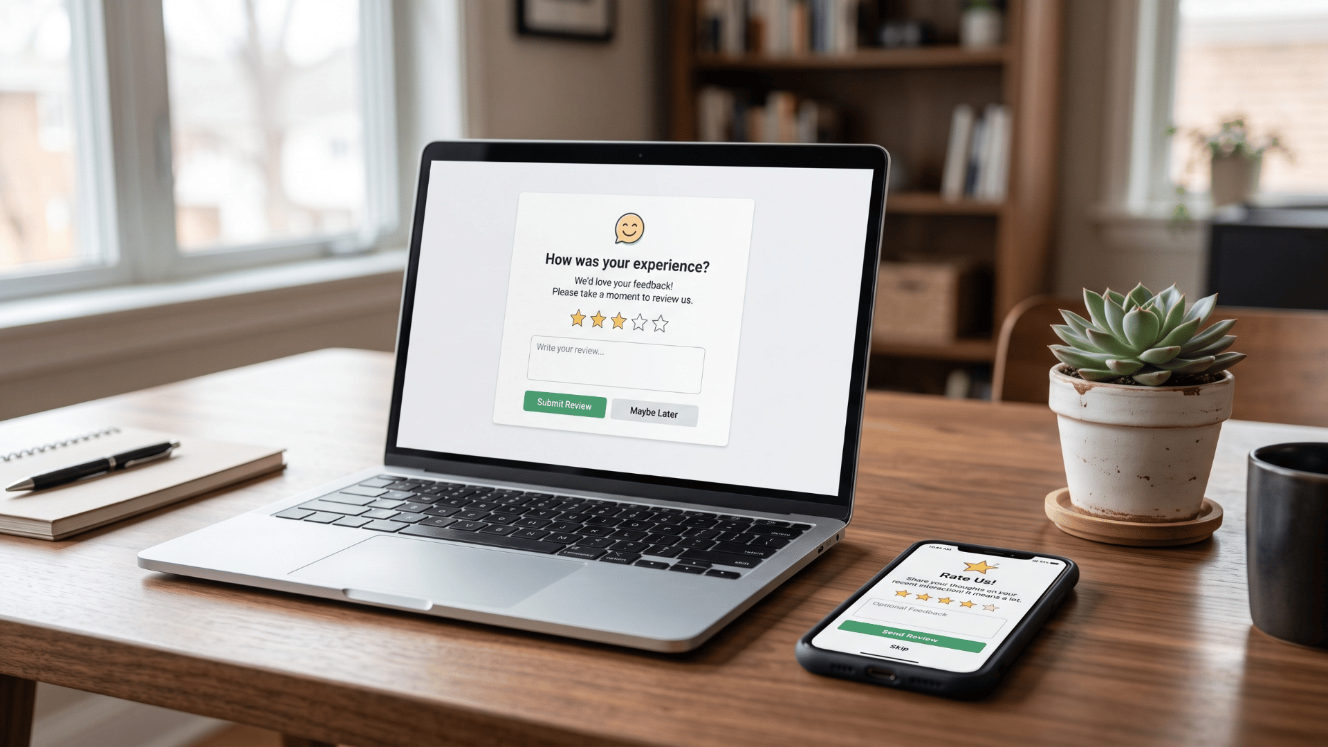 Laptop and phone showing an automated Google review request message