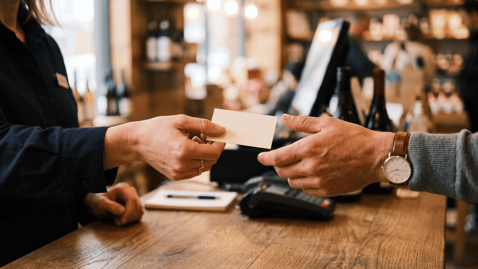 Staff member handing a customer review request card