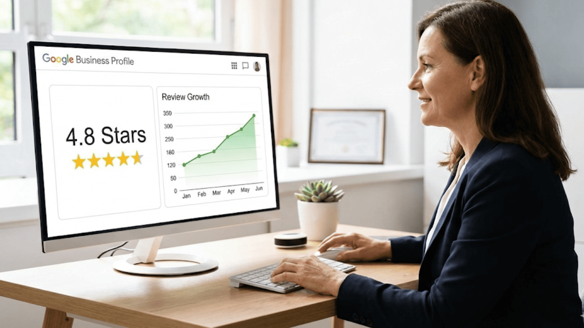 Medical practice manager reviewing Google review growth and star ratings on a desktop monitor