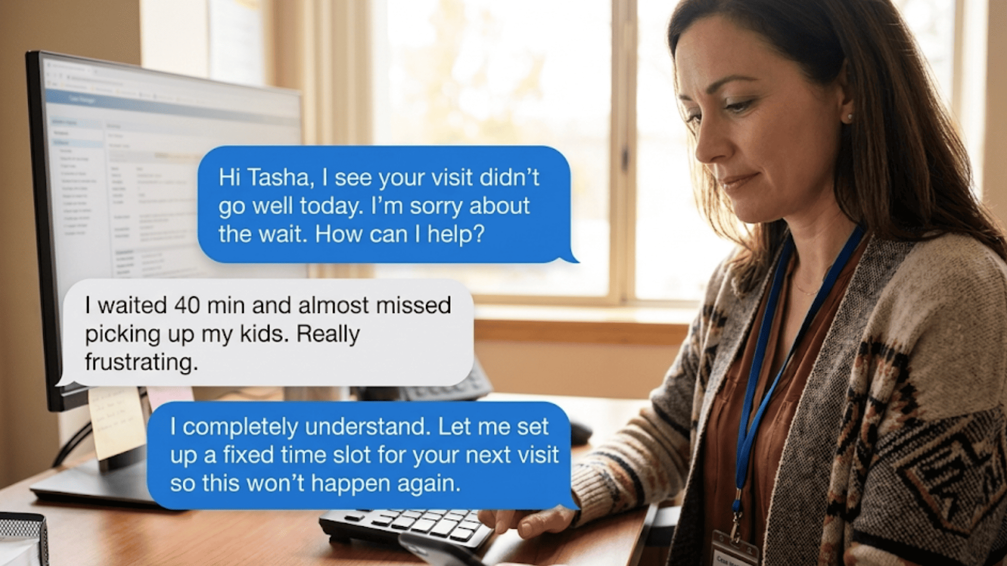 Case manager sending an empathetic follow-up text to a client after a low satisfaction score