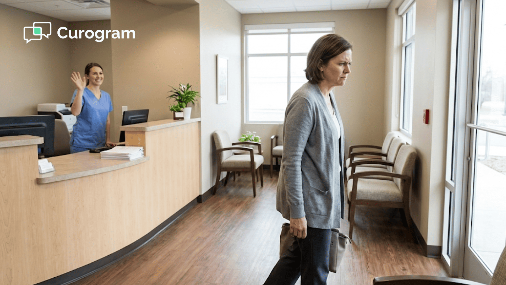 Patient walking away from medical office front desk after visit with hidden frustration