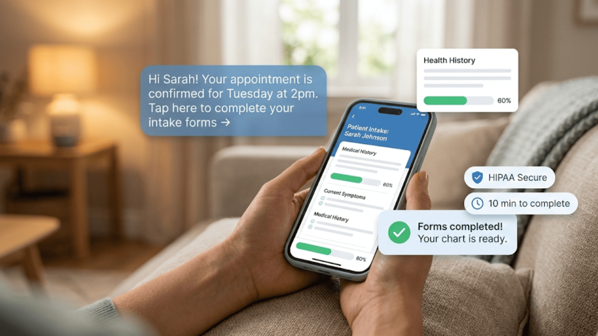 Mobile phone in patient hands showing health history form with floating UI elements including HIPAA secure badge and completion confirmation