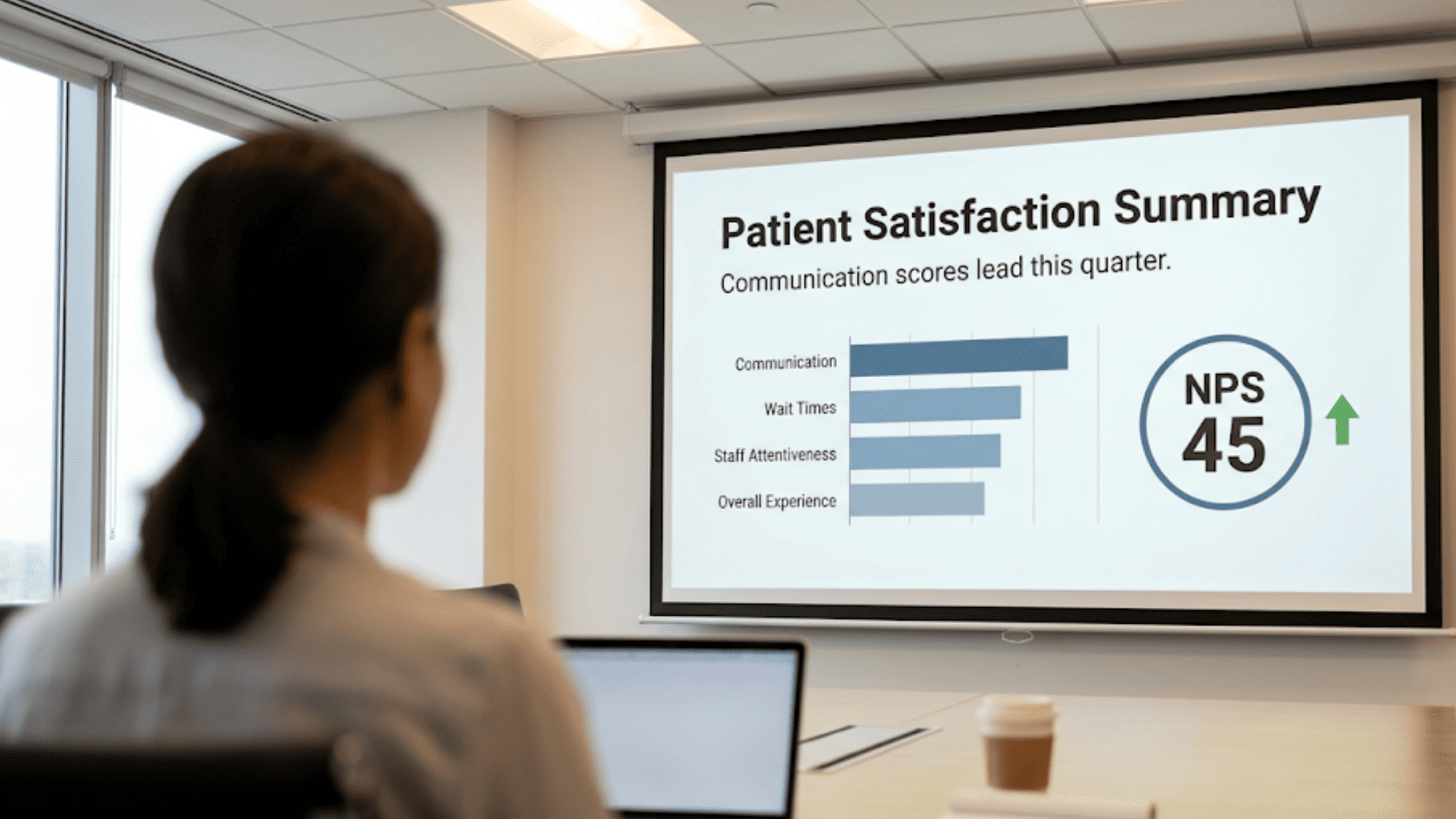 Projected patient satisfaction report showing bar chart and NPS score in a staff meeting