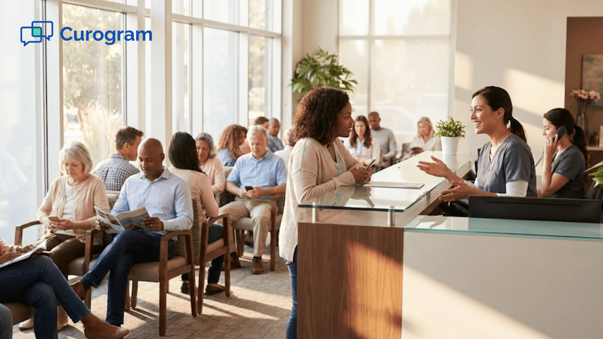 Thriving medical practice waiting room filled with patients