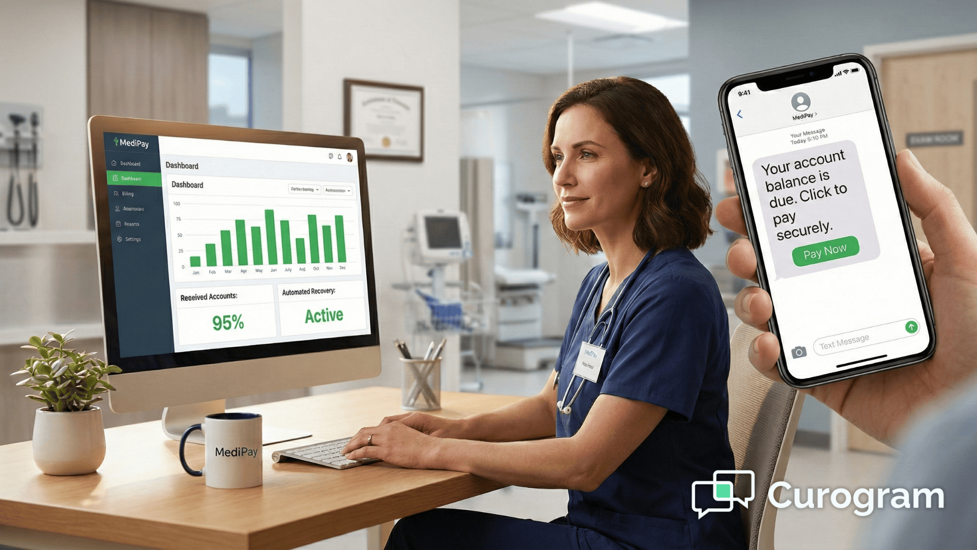 Billing staff member reviews automated AR recovery dashboard at a modern medical office desk