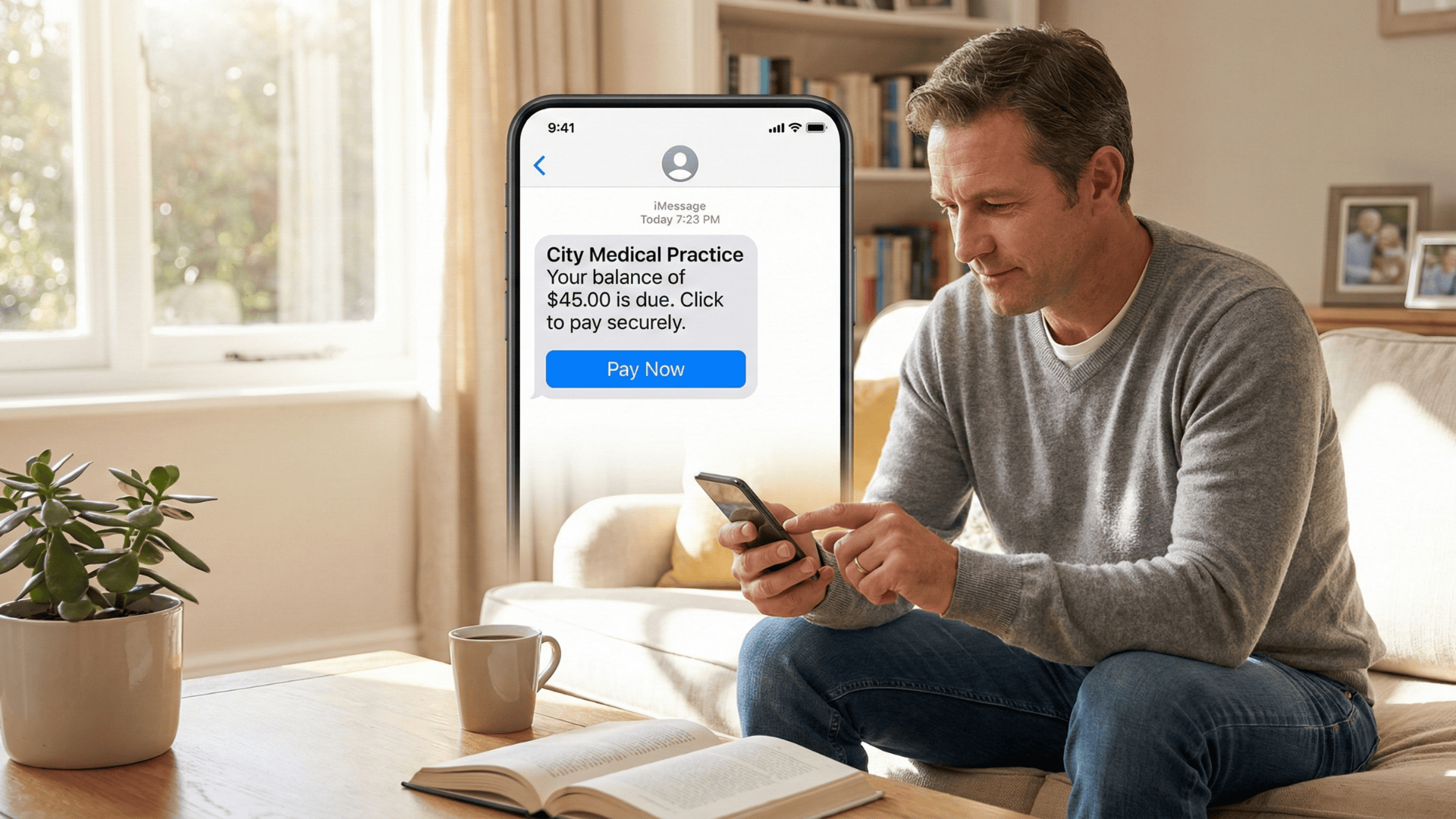 Patient pays medical bill by tapping a payment link on an SMS reminder from their phone at home