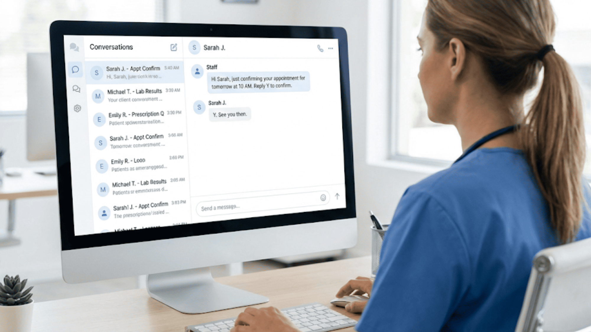 Medical office staff member managing multiple patient text threads on a desktop dashboard
