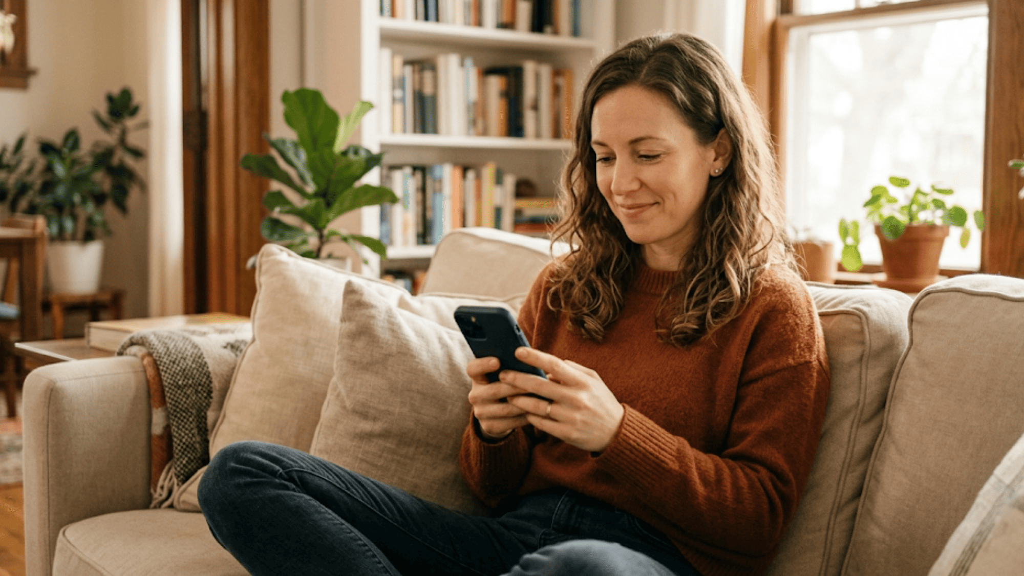 Woman replying to an appointment reminder text on her smartphone in a sunlit living room