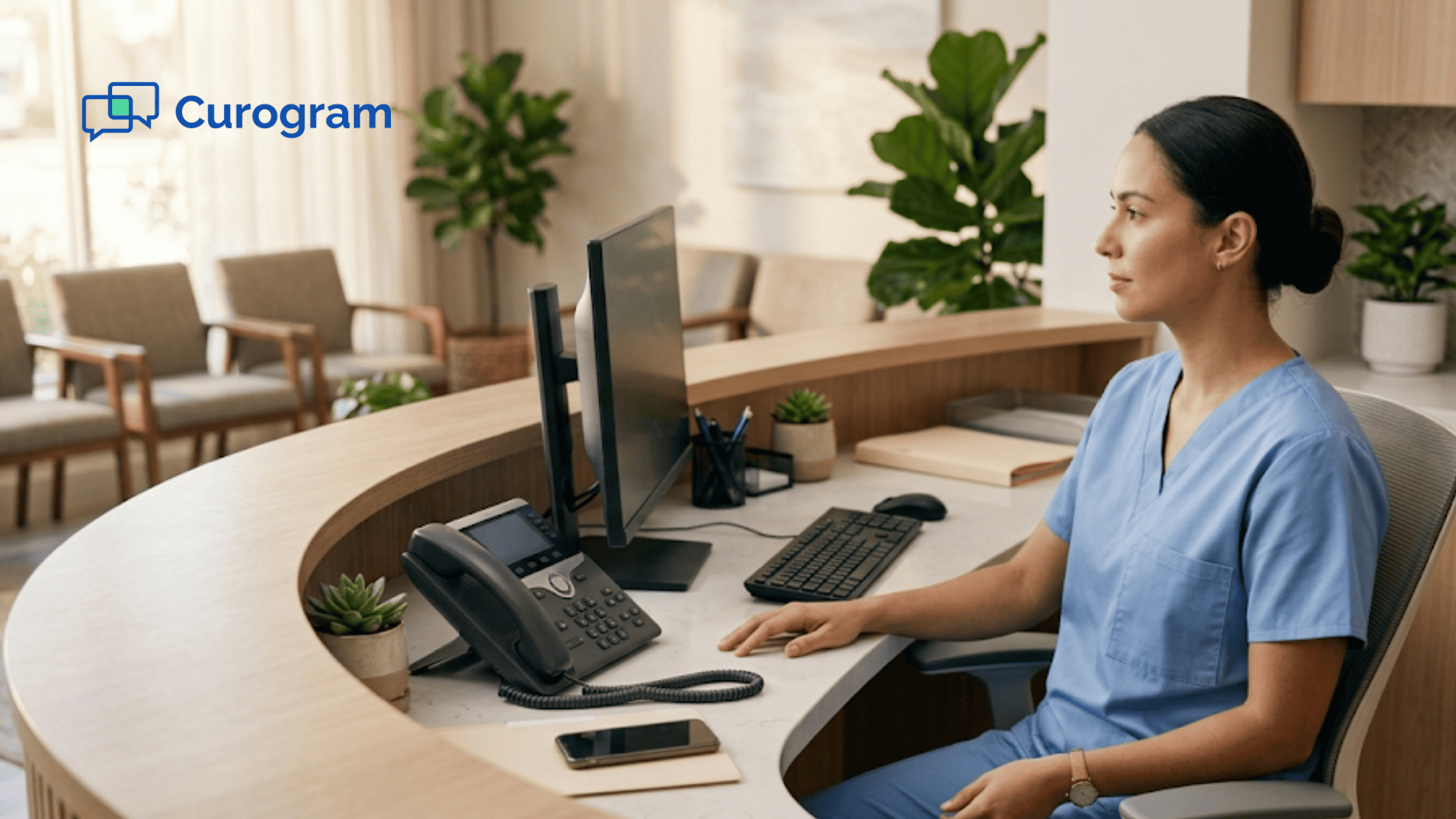 Relaxed clinic front desk staff member at reception with the phone on its cradle