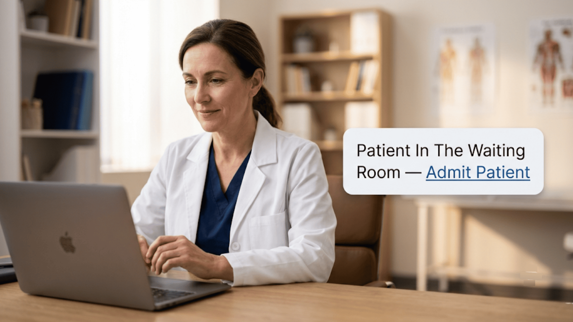 Physician at a laptop during a telehealth visit with a floating notification to admit the patient from the waiting room