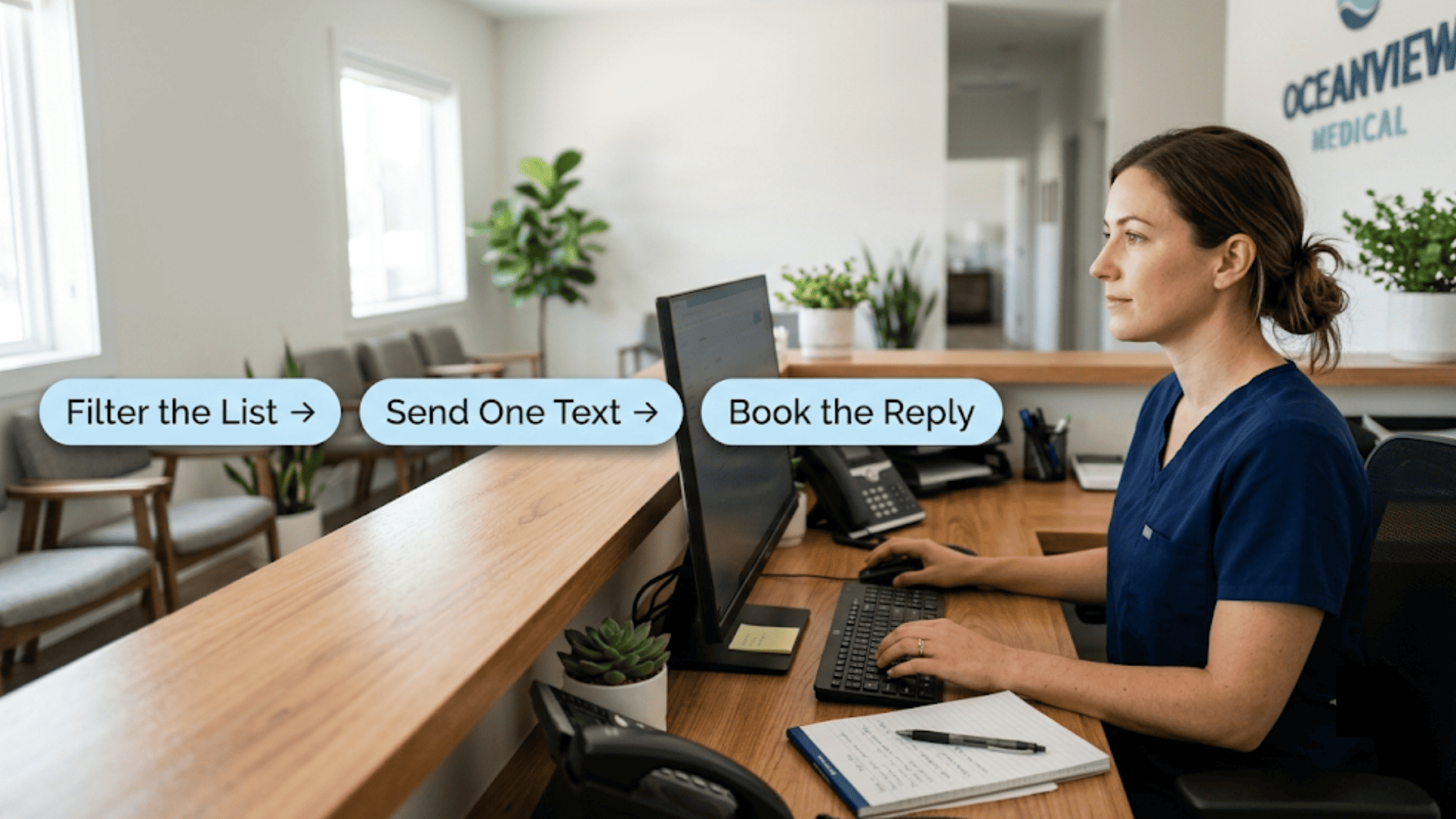 Medical receptionist at her desk mid-task with floating recall workflow steps for texting lapsed Lytec patients
