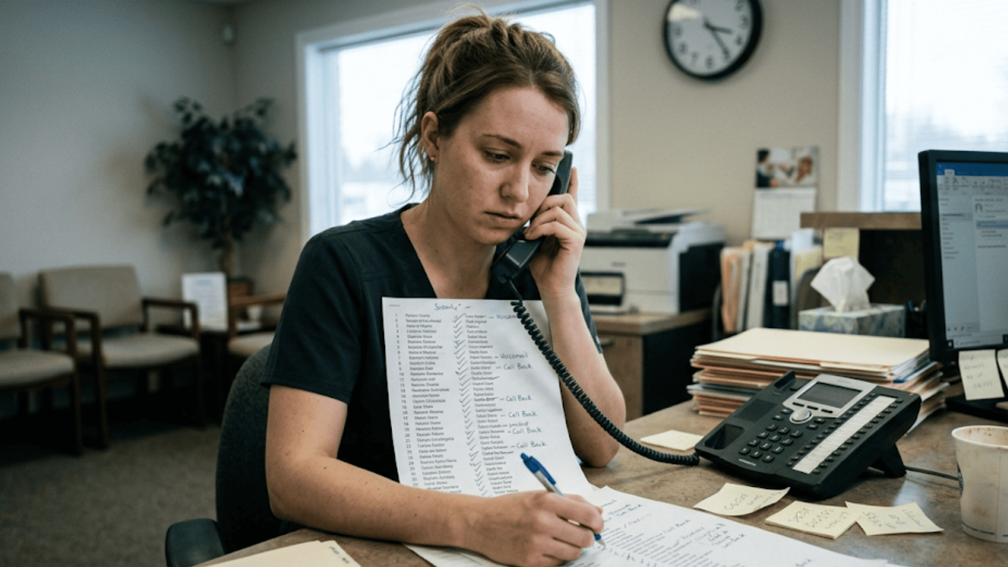 Tired clinic front-desk staff making one-at-a-time phone calls to recall lapsed patients
