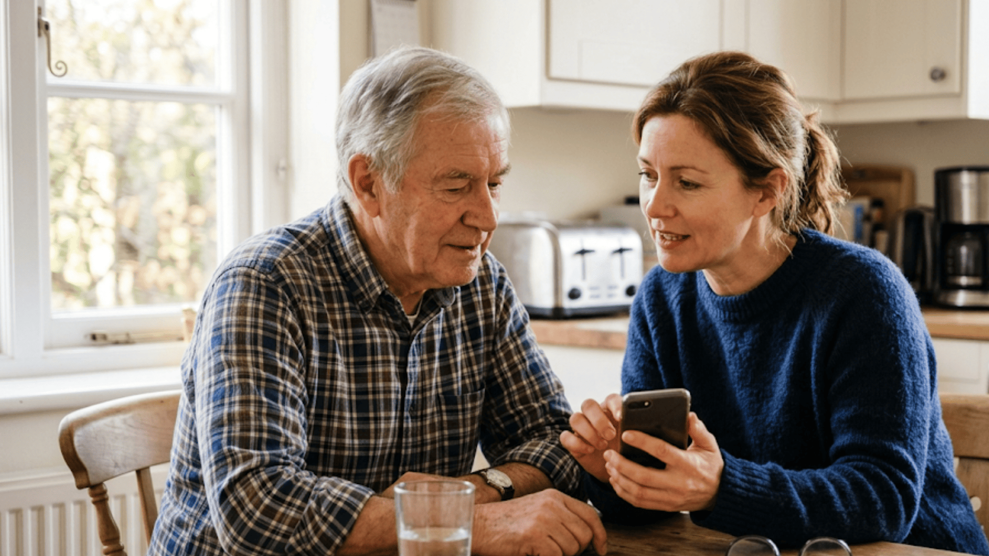 Adult daughter helping an older patient fill out CureMD intake on a phone before the appointment